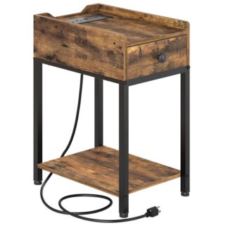 Вузький бічний стіл з бездротовою зарядною станцією, Кінцевий стіл з нешкільними ящиками тканини, тумбочка з USB та торговими точками, для вітальні, спальня, сільський коричневий