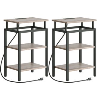 τελικό τραπέζι με σταθμό φόρτισης, σύνολο από 2, Πλευρικό τραπέζι με θύρες και καταστήματα USB, Μικρή νυχτερινή περίπτερα με 3 επιπέδων αποθήκευσης, κομοδίνο για μικρούς χώρους, Greige και Black