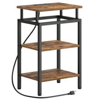 طاولة نهاية مع محطة شحن, طاولة جانبية مع منافذ ومنافذ USB, منضدة صغيرة مع رف تخزين من 3 طبقات, طاولة بجانب السرير للمساحات الصغيرة, غرفة الجلوس, ريفي البني والأسود