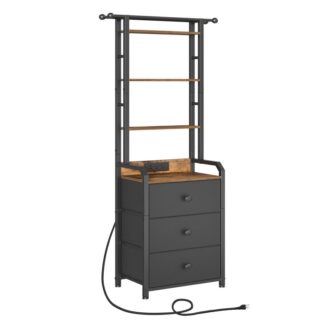 Hoog nachtkastje met oplaadstation, 56" H lang nachtkastje met 3 stoffen lades, Nachtstandaard met boekenplank, Eind bijzettafel voor slaapkamer, slaapzaal, kantoor, Rustiek bruin en zwart