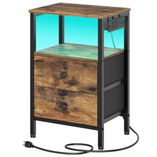 nachtkastjes met laadstation, Nachtstandaard met LED -lichten, bijzettafel met 2 non-woven lades, eindtafel slaapkamer, nachtkastjes voor slaapkamer, Rustiek bruin en zwart