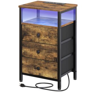 nachtkastjes, Nachtstandaard met draadloos oplaadstation, bijzettafel met LED -lichten, eindtafel met 3 non-woven lades, nachtkastjes voor woonkamer, slaapkamer, rustiek bruin