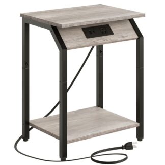 bijzettafel met laadstation, nachtkastjes met Type-C-poorten en USB, 2-Laag bijzettafel met opslag, nachtkastje voor kleine ruimtes, Greige en zwart