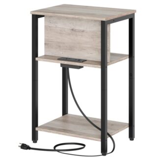 Bijzettafel met laadstation, Nachtkastje met stopcontact, USB -poort en type C, 3-Laag bijzettafel met verstelbare voeten, voor Woonkamer, Slaapkamer, Greige en Zwart