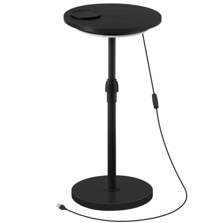 Tavolo da cocktail rotondo nero, Tavolino da bevande, Tavolo martini a hirew-altezza con luce a LED e tappeto di tazza, per piccoli spazi, Divano lato, Camera da letto
