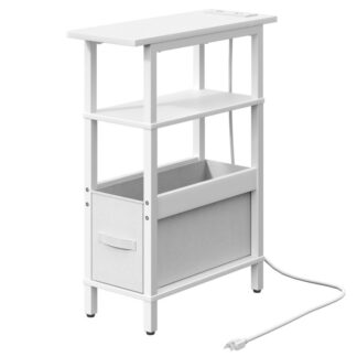 Tavolino stretto con stazione di ricarica, Tavolino piccolo e sottile con contenitore in tessuto, Comodino sottile per piccoli spazi, Tavolino da divano sottile per soggiorno, Camera da letto, Bianco