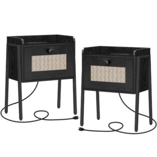 Nachtkastjes met laadstation, Bijzettafel set van 2, Naasttafel met voldoende opbergruimte van imitatierotan, Moderne nachtkastje uit het midden van de eeuw, Bijzettafeltje, voor Woonkamer, Zwart