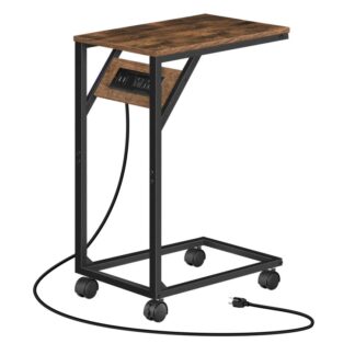 C-vormige bijzettafel met laadstation, Salontafel met USB-poorten en stopcontacten voor kleine ruimtes, Kleine bijzettafel voor woonkamer, Slaapkamer, C Banktafel, Rustiek bruin