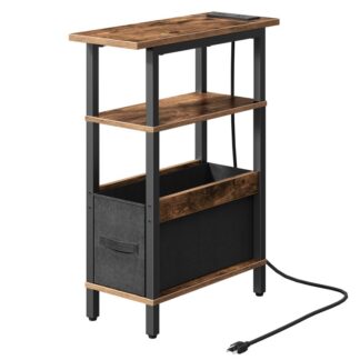 tavolino stretto con stazione di ricarica, piccolo tavolo da fine magro con conservazione in tessuto, comodino magro per piccoli spazi, Tavolino di divano sottile per soggiorno, camera da letto, marrone rustico