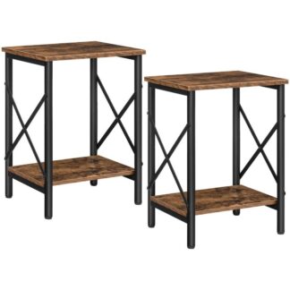 zestaw stołu bocznego 2, stolik końcowy ze schowkiem, stolik nocny, wąska szafka nocna dla małej przestrzeni, Mały stojak z metalową ramą, salon, sypialnia, Łatwy montaż, Rustykalny brąz