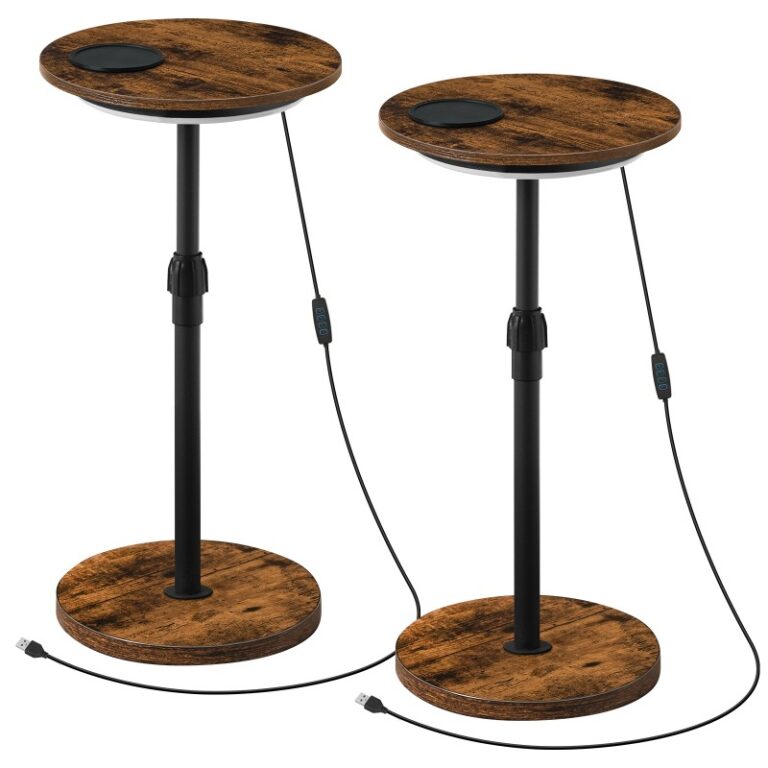 Set 2 Yuvarlak yan masalar, Rustik kahverengi ve siyah küçük içecek masaları, LED ışık ve fincan paspaslı ayarlanabilir yükseklik martini masaları, Küçük Alanlar için, Kanepe tarafı, Yatak odası