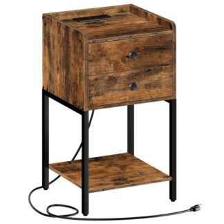 منضدة مع محطة شحن, الجدول النهائي مع منافذ الطاقة & منافذ USB, طاولة جانبية طويلة مع 2 الأدراج والجرف الخشبي, طاولة السرير لغرفة النوم, غرفة المعيشة, بني ريفي