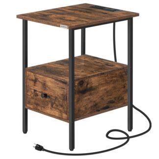 Päätepöytä latausasemalla, Kapea sivupöytä laatikolla, Bedside -pöytä pistorasioilla ja USB -portteilla, Pieni avaruussohva sivupöytä, makuuhuoneeseen, Olohuone, Maalaismainen ruskea