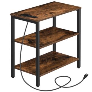 Столик із зарядною станцією, Вузький кінцевий стіл з USB -портами та розетками живлення, Тумбочка з 3-річними поличками для зберігання, Підходить для невеликих просторів, Вітальня, Сільський коричневий