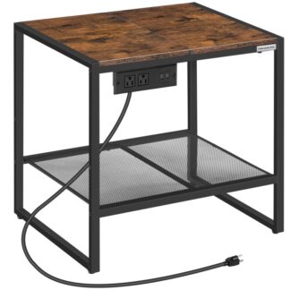 Mesa auxiliar con estación de carga, Mesa auxiliar estrecha con estante de almacenamiento, 2-Mesita de noche rústica de nivel, Mesa de sofá para espacios pequeños, para sala de estar