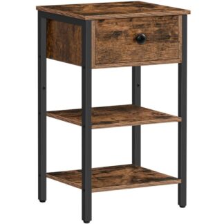 طاولة ليلية, طاولة جانبية رفيعة, 3-طبقة منضدة مع درج, طاولة النهاية الصناعية لغرفة المعيشة, يذاكر, غرفة نوم, إطار الصلب, من السهل التجميع, تصميم الرجعية, بني ريفي