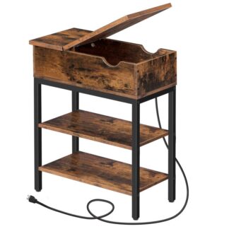 Side Table with Charging Station Slim Flip Side Table with USB Ports and Sockets Bedside Table with Storage Couch Table for Living Room Bedroom Easy Assembly Rustic Brown