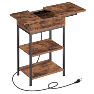 Βοηθητικό τραπέζι με σταθμό φόρτισης, Στενό τραπέζι με θύρες και καταστήματα USB, Κομοδίνο για Μικρούς Χώρους, Υπνοδωμάτιο, Καθιστικό, Γραφείο, Ρουστίκ καφέ