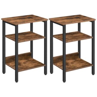 night stands, side tables set of 2, end tables with storage shelves, 3-tier slim bedside tables for living room, bedroom, easy assembly, steel frame, industrial, rustic brown