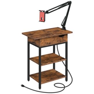 End Table with Charging Station, Narrow Side Table with USB Ports and Outlets, Flip Top Sofa Table, Nightstand with Storage Shelves and Phone Clip Holder, Rustic Brown and Black