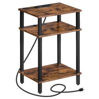 End Table, Side Table with Charging Station, Nightstand with 3-Tier Storage Shelf, Small Bedside Table, Sofa Table for Small Space, Sturdy and Stable, Living Room, Rustic Brown