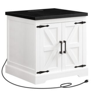 Κομοδίνο σε αγροικία με σταθμό φόρτισης, 24" Μεγάλο ακραίο τραπέζι με πόρτα αχυρώνα και ρυθμιζόμενο ράφι αποθήκευσης, Τετράγωνο λευκό κομοδίνο, Ρουστίκ κομοδίνο για υπνοδωμάτιο, Ζωή