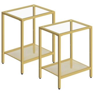 конечные таблицы набор 2, боковой стол с закаленным стеклянным верхом, узкий рядом с столом для небольшого пространства, 2-Научная тумбочка с полкой хранения, для дивана дивана и кровати, Легкая сборка, золото