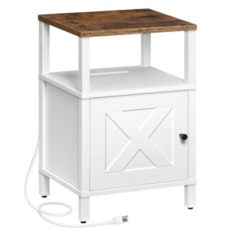 Farmhouse Nightstand مع محطة الشحن, طاولة السرير الأبيض مع USB&منافذ ومنافذ النوع C, الجدول النهائي مع التخزين, قف ليلي لغرفة النوم, أبيض وريفي بني