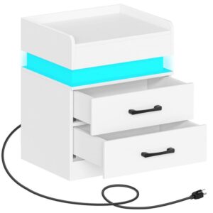 led nightstand with charging station, bedside table with 2 drawers, modern end table with sliding top, white side table for bedroom, study, living room, office, white