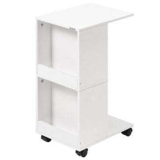 C-vormige bijzettafel, Zijkant voor kleine ruimtes, Smal nachtkastje met wielen, Verrijdbaar nachtkastje met opbergruimte, 2 Vergrendelbare zwenkwielen, voor woonkamer slaapkamer, Wit