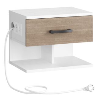 Hanging Bedside Table with Charging Station and Folding Drawer, Floating Nightstand with Drawer, Bedside Cabinet Hanging Wall Shelf with Open and Hidden Storage, 2 Installation Options, White and Greige