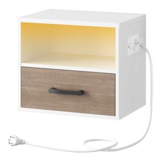 Hanging Bedside Table, Wall Shelf Bedside Table with Charging Station and Drawer, Bedside Cabinet with LED Sensor Light, Bedside Table, 1 Standard Socket and 2 USB Ports,
