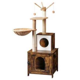 Kissapuu hiekkalaatikolla, Puinen kissan torni kissan riippumatto -huoneistolla, All-in-one-kissan huonekalut sisäkissoille, Kissanhiekkalaatikon huonekalut piilossa, Monipuolinen kissapuu, Maalaismainen ruskea