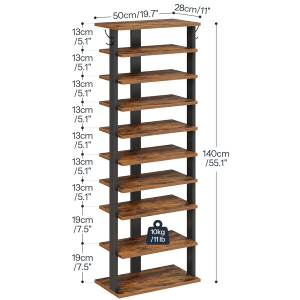10-Tier Vertical Wooden Shoe Rack with Hooks, Rustic Brown 20-Pair Narrow Storage Tower, Space-Saving Organizer for Entryway, Living Room & Bedroom