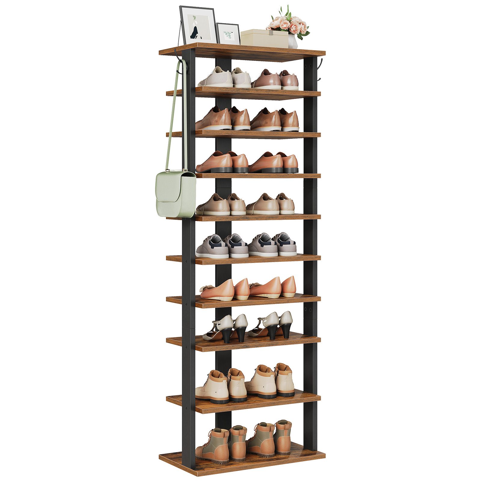 10-Tier Vertical Wooden Shoe Rack with Hooks, Rustic Brown 20-Pair Narrow Storage Tower, Space-Saving Organizer for Entryway, Living Room & Bedroom