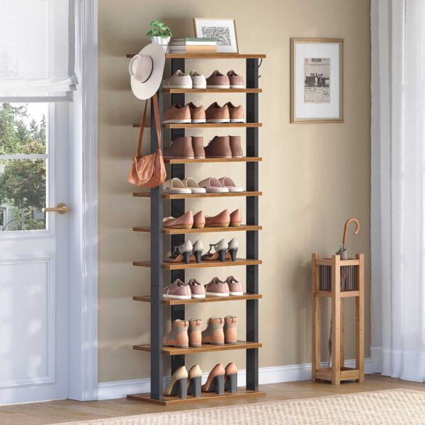 10-Tier Vertical Wooden Shoe Rack with Hooks, Rustic Brown 20-Pair Narrow Storage Tower, Space-Saving Organizer for Entryway, Living Room & Bedroom