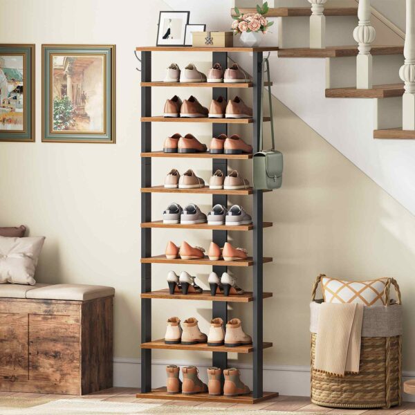 10-Tier Vertical Wooden Shoe Rack with Hooks, Rustic Brown 20-Pair Narrow Storage Tower, Space-Saving Organizer for Entryway, Living Room & Bedroom