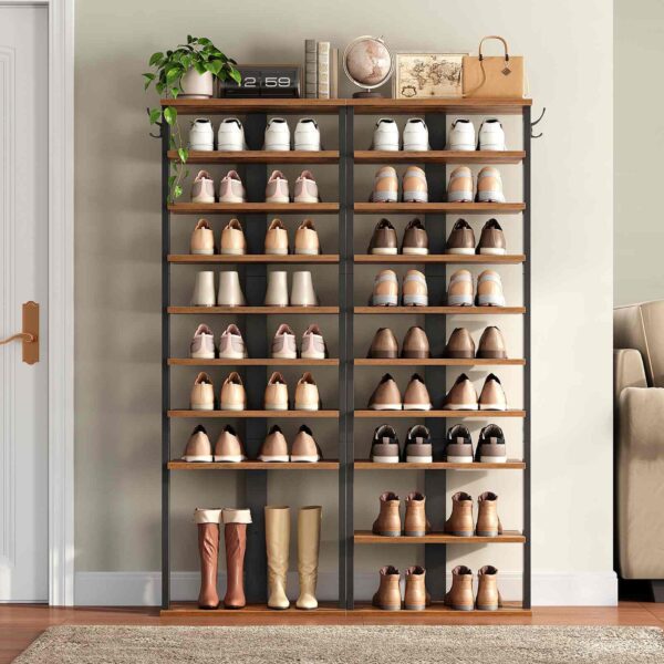 10-Tier Vertical Wooden Shoe Rack with Hooks, Rustic Brown 20-Pair Narrow Storage Tower, Space-Saving Organizer for Entryway, Living Room & Bedroom