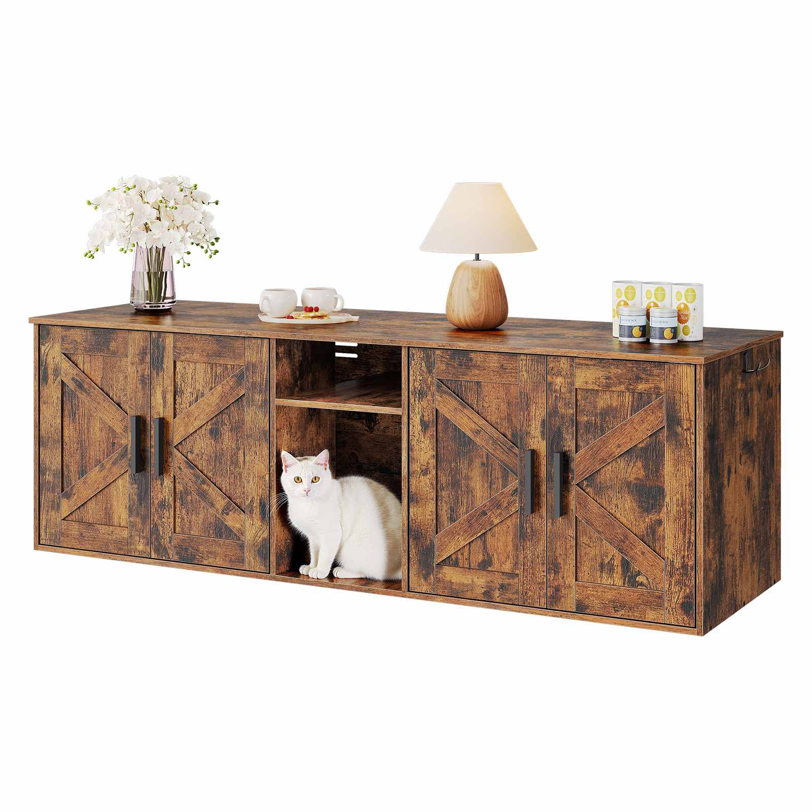 Dubbele kattenbakbehuizing, Verborgen kattenbakkast met gang, Multifunctioneel kattenbakmeubel met opberglaag en haken, Houten structuur, Rustiek bruin