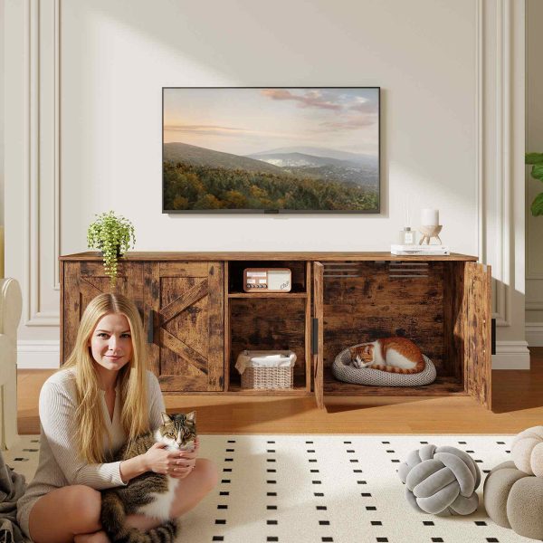 Dubbele kattenbakbehuizing, Verborgen kattenbakkast met gang, Multifunctioneel kattenbakmeubel met opberglaag en haken, Houten structuur, Rustiek bruin