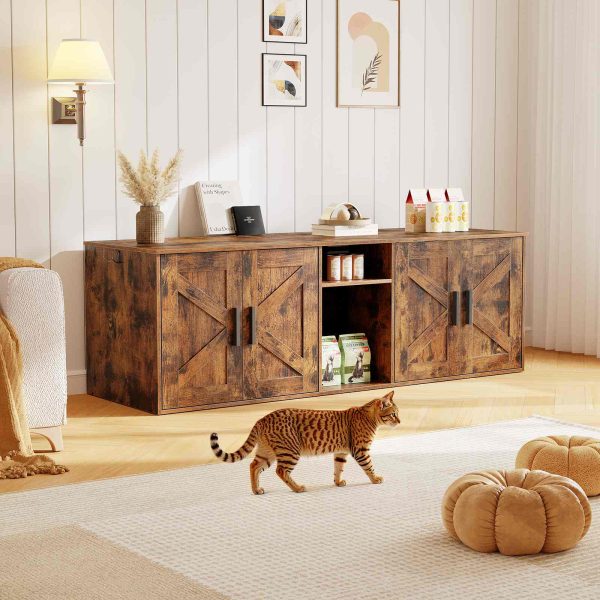 Dubbele kattenbakbehuizing, Verborgen kattenbakkast met gang, Multifunctioneel kattenbakmeubel met opberglaag en haken, Houten structuur, Rustiek bruin