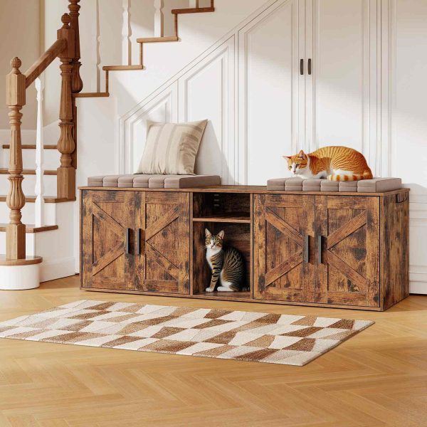Dubbele kattenbakbehuizing, Verborgen kattenbakkast met gang, Multifunctioneel kattenbakmeubel met opberglaag en haken, Houten structuur, Rustiek bruin