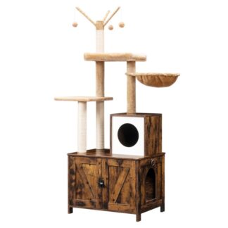 Kissapuu, jossa on pentuekalvokotelo sisäkissoille, Puinen kissan huoneisto naarmuuntuneilla pylväillä, Kissanhiekkalaatikon huonekalut piilossa, All-in-one-kissan lelu kissan kanssa, Harmaa