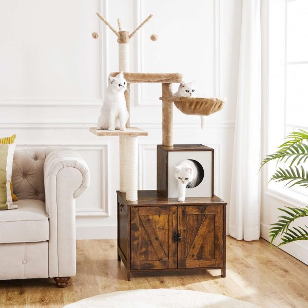 Серое деревянное кошачье дерево с туалетным лотком, Универсальная квартира для кошек с когтеточками & Мебель для скрытого туалета, Удобный кошачий домик для домашних кошек