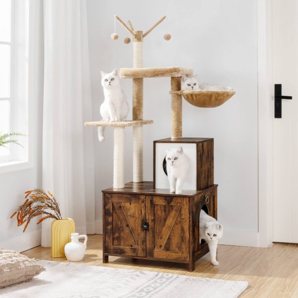 Серое деревянное кошачье дерево с туалетным лотком, Универсальная квартира для кошек с когтеточками & Мебель для скрытого туалета, Удобный кошачий домик для домашних кошек