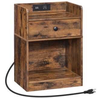 Nachtkastje met laadstation, Bijzettafel met lade en plank die open kan, Nachtkastje met USB-poorten en stopcontacten, Kleine nachtkraam voor slaapkamer, Eenvoudige stijl, Rustiek bruin