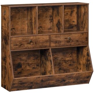 kids bookshelf, lelujen järjestäjät ja varastot, 2 laatikot ja 5 osastolasten kirjahyllycase, children's toy shelf, pelihuoneeseen, makuuhuone, leikkihuone, lastentarha, koulutus, maalaismainen ruskea