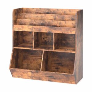 kids bookshelf, toy organizers and storage, bookshelf for kids, 5 compartments and 3-layer shelves, bookcase footboard, for game room, playroom, nursery, school, rustic brown