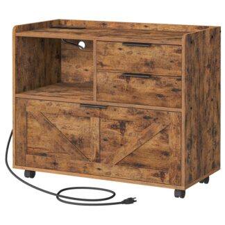 Rustikaler brauner lateraler Aktenschrank, Hölzerne Büro -Lagerschubladen mit Ladestation, Retro -Aktenschrank für Home Office, A4/Brief/legale Dateien, Druckerständer mit offenen Räumen