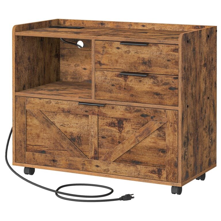 Rustiekbruine zijkast, Houten kantooropslagladen met laadstation, Retro -archiefkast voor thuiskantoor, A4/Letter/wettelijke grootte-bestanden, Printerstandaard met open spaties